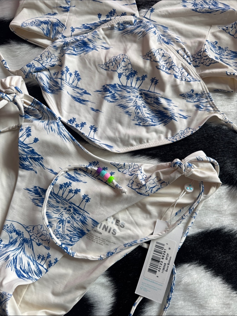 Frankie's Bikinis Cream and Blue Island Print Halter Bikini Set - Picture 3 of 3